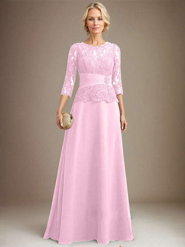 Vestido de gasa con encaje, corte A, ilusión, largo hasta el suelo, para madre de la novia, con lentejuelas plisadas y abalorios