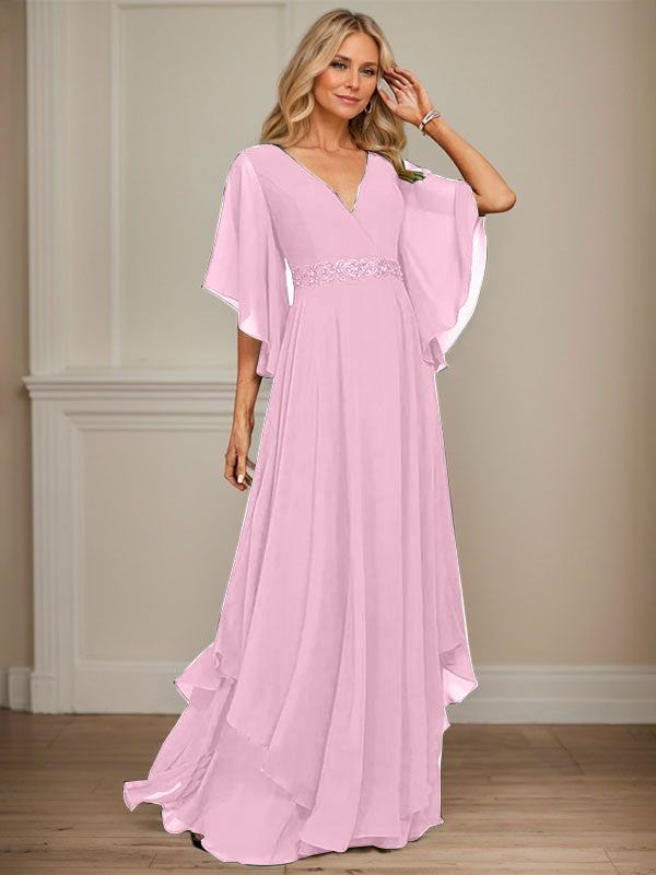 Vestido de gasa para madre de la novia, corte A, escote en V, largo hasta el suelo, con apliques de lentejuelas, encaje y abalorios