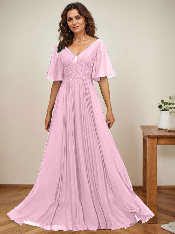 Vestido de gasa para madre de la novia, corte A, escote en V, largo hasta el suelo, con apliques de lentejuelas y encaje plisado