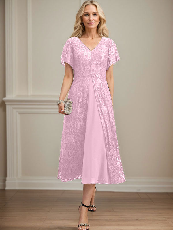 Vestido de gasa con encaje y escote en V para madre de la novia, largo hasta la rodilla