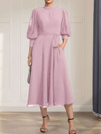 A-line High Neck Tea-Length Lace Chiffon Mother of the Bride Dress With Bow
