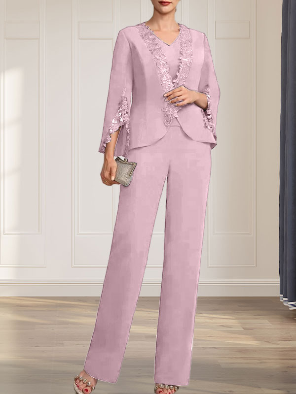 Vestido de gasa para madre de la novia, con escote en V y largo hasta el suelo, de mono/pantalón separado