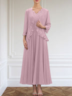 Vestido de gasa para madre de la novia, corte A, escote en V, largo hasta los tobillos, con apliques de lentejuelas, encaje y cuentas