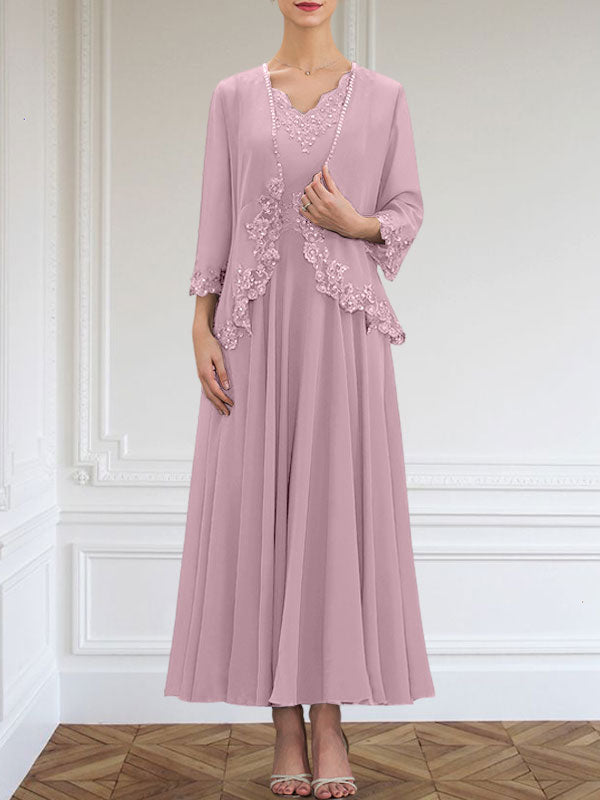 Vestido de gasa para madre de la novia, corte A, escote en V, largo hasta los tobillos, con apliques de lentejuelas, encaje y cuentas