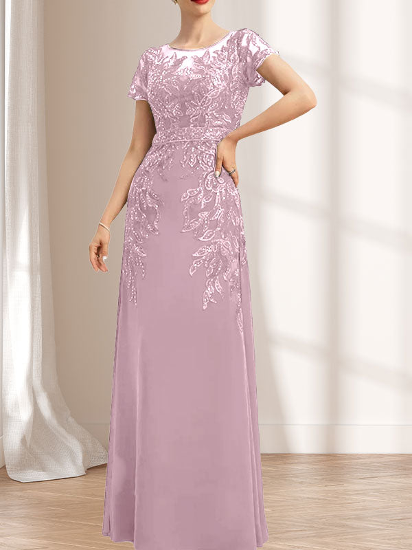 Vestido de madre de la novia de gasa con encaje, escote redondo, ilusión, largo hasta el suelo, con lentejuelas