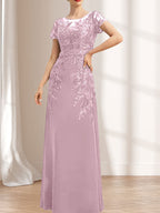 Vestido de madre de la novia de gasa con encaje, escote redondo, ilusión, largo hasta el suelo, con lentejuelas