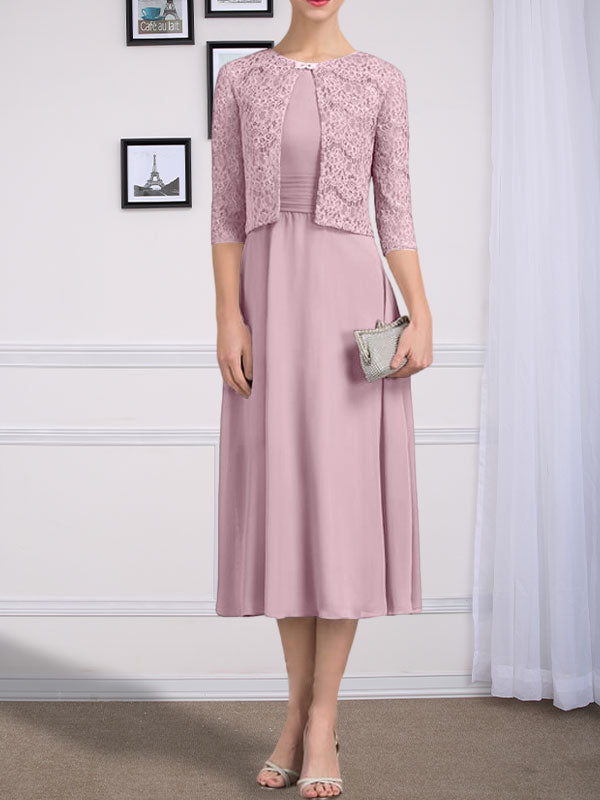 Vestido de gasa para madre de la novia con corte en A, escote redondo y largo hasta la rodilla con pliegues