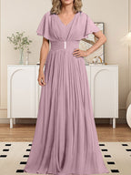Vestido de gasa para madre de la novia, corte A, escote en V, largo hasta el suelo, con broche de cristal y plisado