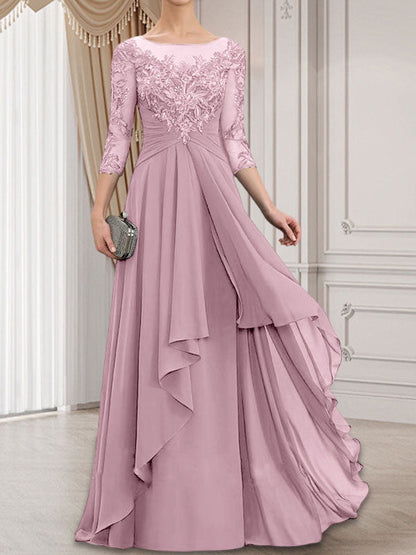 A-line Scoop Illusion Floor-Length Lace Chiffon Mother of the Bride Dress With Cascading Ruffles