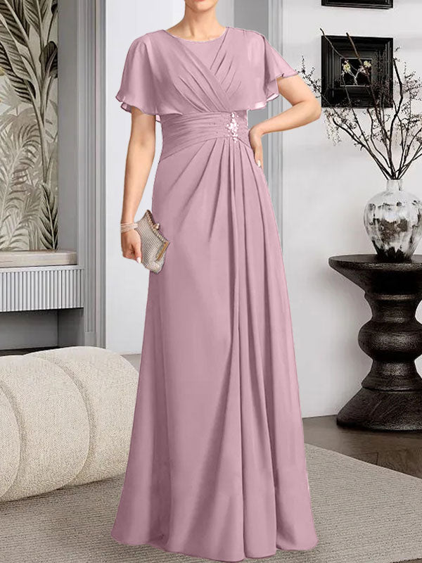 Vestido de gasa para madre de la novia con corte en A, escote redondo y largo hasta el suelo, con cuentas plisadas