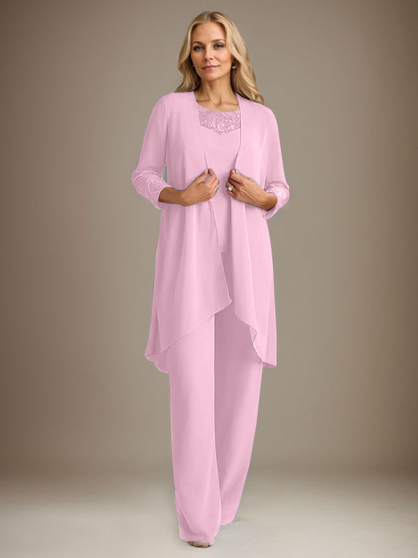 Trajes de gasa con mangas largas y escote redondo para madre de la novia con chaqueta