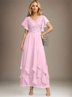 Vestido de gasa con encaje y escote en V hasta los tobillos para madre de la novia con volantes en cascada
