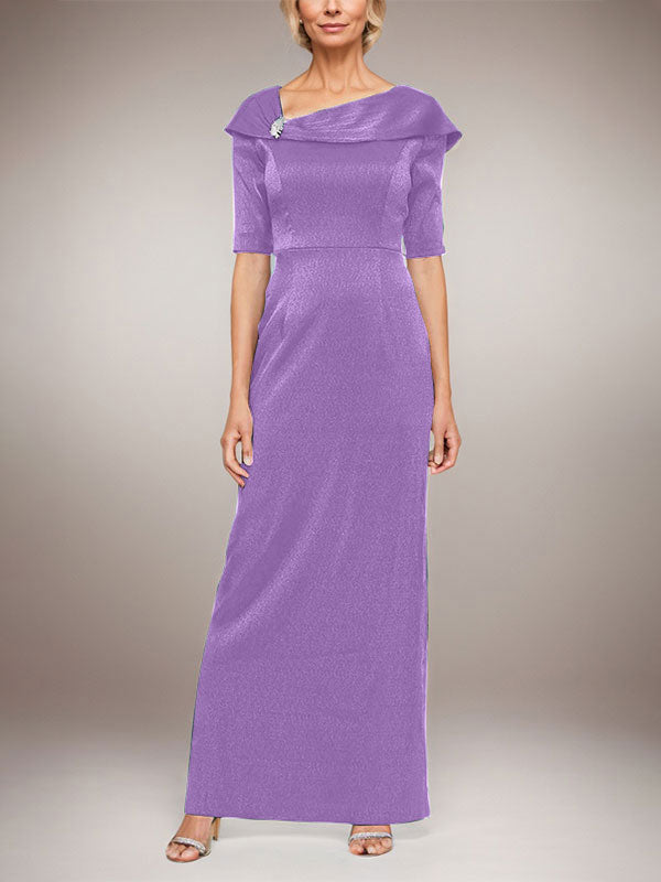 Vestido largo de columna brillante con puños doblados, escote en L y mangas hasta el codo