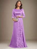 Vestido de madre de la novia de satén con encaje, corte A, largo hasta el suelo y apliques