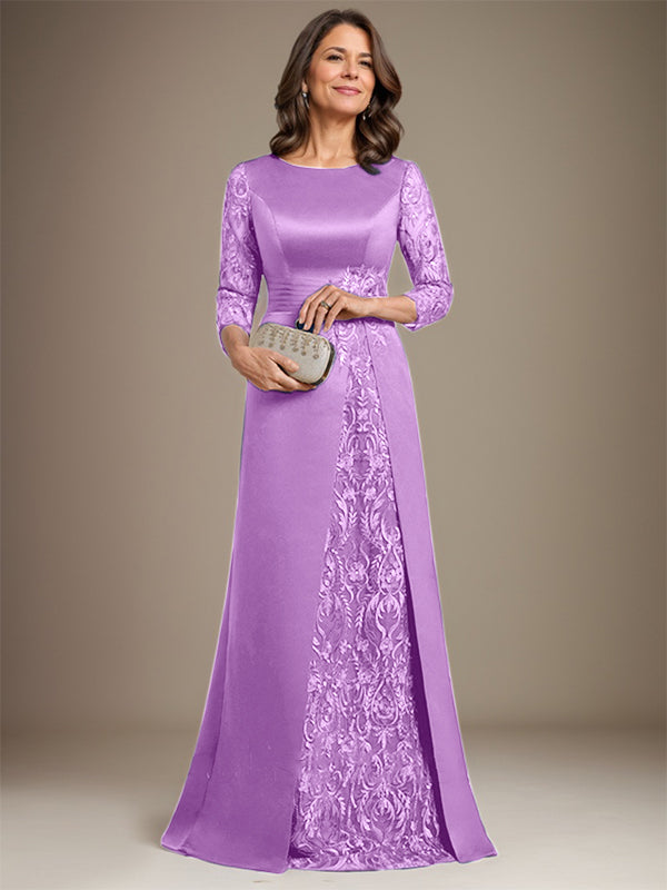 Vestido de madre de la novia de satén con encaje, corte A, largo hasta el suelo y apliques