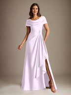 Vestido de madre de la novia de satén elástico, corte A, largo hasta el suelo, con escote redondo y volantes en cascada