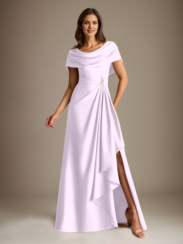 Vestido de madre de la novia de satén elástico, corte A, largo hasta el suelo, con escote redondo y volantes en cascada