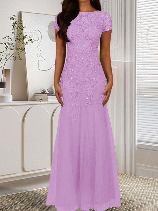 Vestido de tul con lentejuelas y escote redondo de sirena en azul marino oscuro