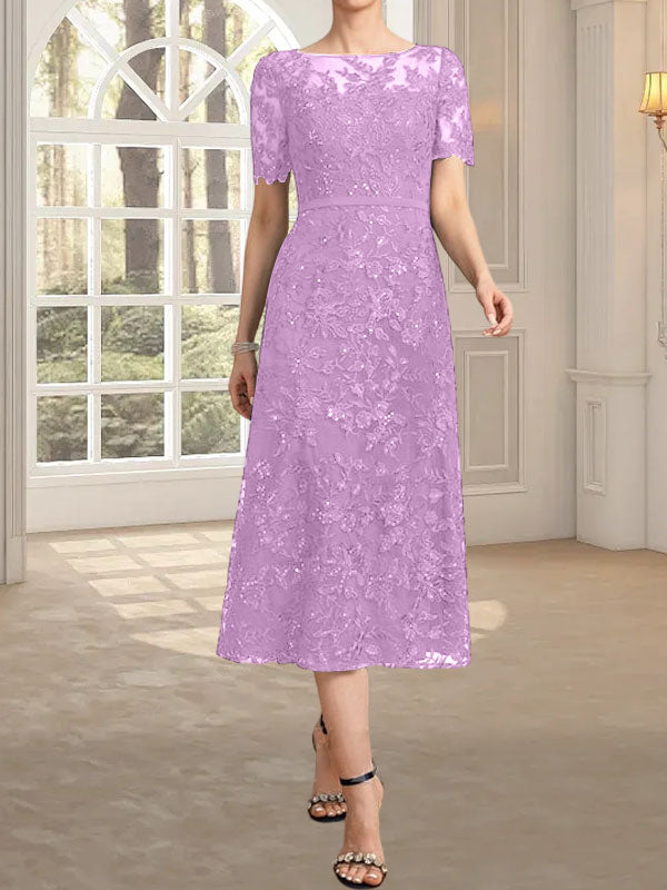 Vestido de madre de la novia de encaje con lentejuelas, corte A, escote ilusión y largo hasta la rodilla
