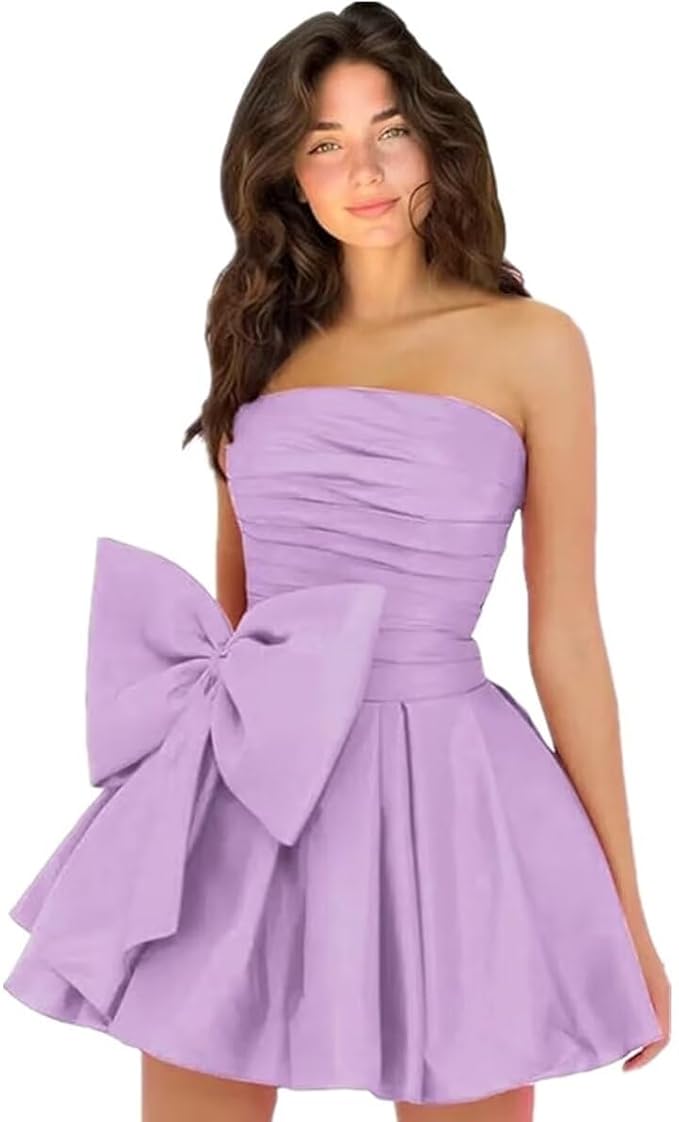 Vestidos de fiesta cortos y elegantes de corte A, sin mangas, sin tirantes, fruncidos, con cordones y lazo