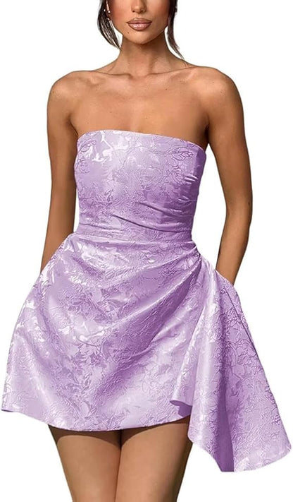 A-Linie, trägerlos, ärmellos, kurzes Heimkehrkleid, Jacquard-Satin, asymmetrisch, Partykleider mit Schnürung