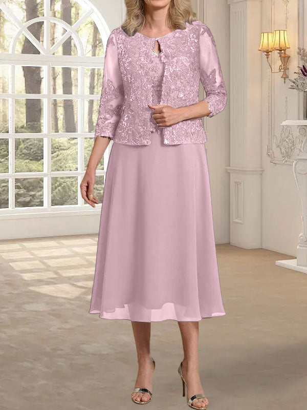 Vestido de gasa con encaje y lentejuelas para madre de la novia, corte A, escote redondo y largo hasta la rodilla