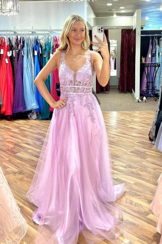 Robe de bal longue en tulle sans manches à col en V et perles lilas PSK413