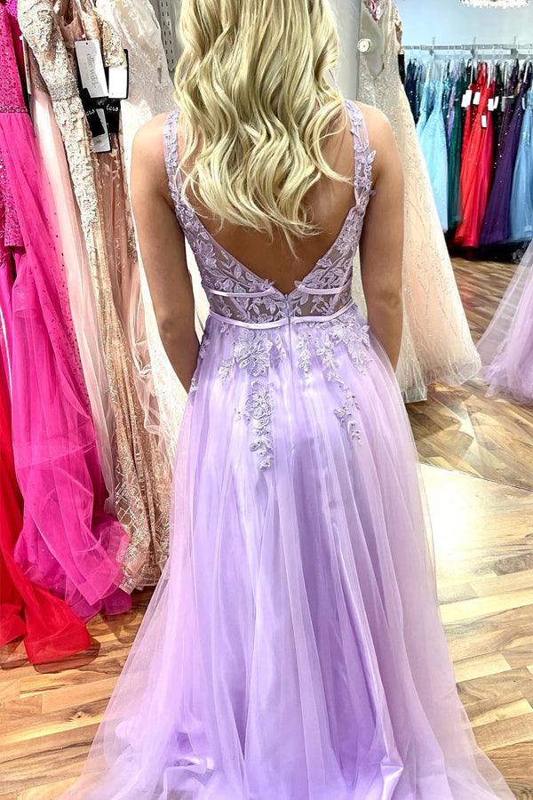 Lila A-Linie V-Ausschnitt Perlenapplikationen Ärmelloses langes Tüll-Ballkleid PSK413