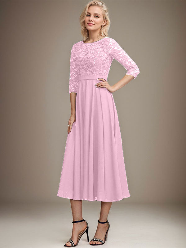 Vestido de gasa con encaje y lentejuelas para madre de la novia, corte A, escote redondo y largo hasta la rodilla