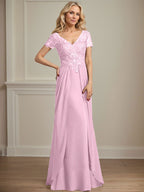 Vestido de gasa con encaje y escote en V hasta el suelo para madre de la novia
