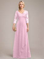 A-Linie V-Ausschnitt Bodenlanges Spitzen-Chiffon-Kleid für die Brautmutter mit kaskadierenden Rüschen und Pailletten 