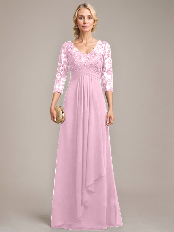 Vestido de madre de la novia de gasa con encaje, escote en V, largo hasta el suelo, con volantes en cascada y lentejuelas