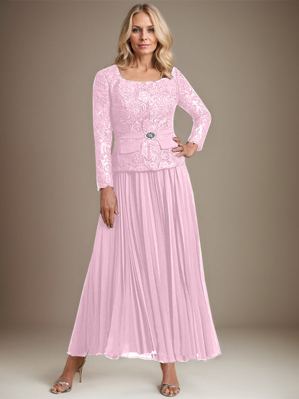 Vestido de gasa para madre de la novia con corte A, cuadrado, largo hasta los tobillos, con pliegues