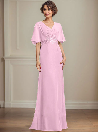 A-Linie V-Ausschnitt Bodenlanges Chiffonkleid für die Brautmutter mit plissierten Paillettenapplikationen Spitze