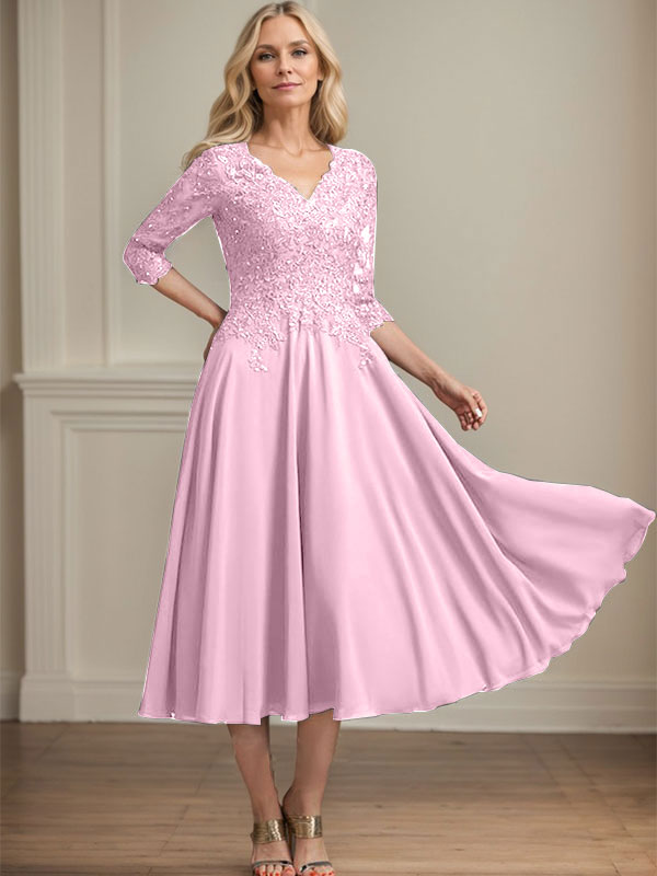Vestido de gasa con encaje y escote en V para madre de la novia, largo hasta la rodilla, con lentejuelas y abalorios