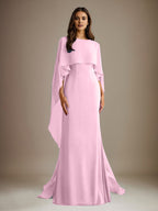 Vestido de gasa para madre de la novia, largo hasta el suelo, con escote barco y corte tubo/columna y volantes en cascada