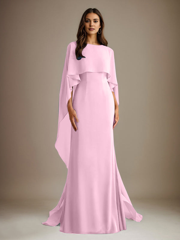 Vestido de gasa para madre de la novia, largo hasta el suelo, con escote barco y corte tubo/columna y volantes en cascada