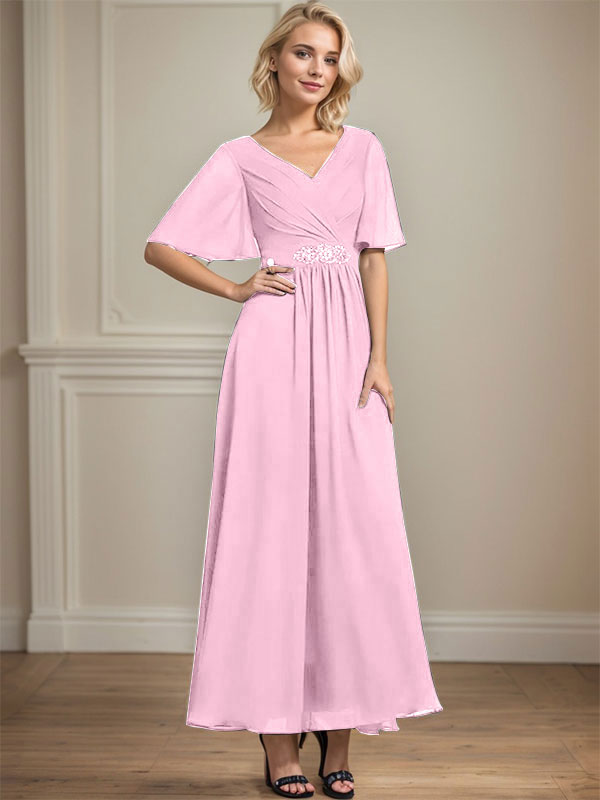 Vestido de gasa para madre de la novia con escote en V, largo hasta los tobillos, corte A y lentejuelas plisadas con cuentas