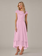 A-Linie, U-Boot-Ausschnitt, Illusion, asymmetrisches Chiffon-Spitzenkleid für die Brautmutter mit applizierten Falten 