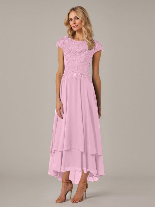 A-Linie, U-Boot-Ausschnitt, Illusion, asymmetrisches Chiffon-Spitzenkleid für die Brautmutter mit applizierten Falten 