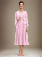 Vestido de gasa con encaje y lentejuelas para madre de la novia, corte A, escote redondo y largo hasta la rodilla