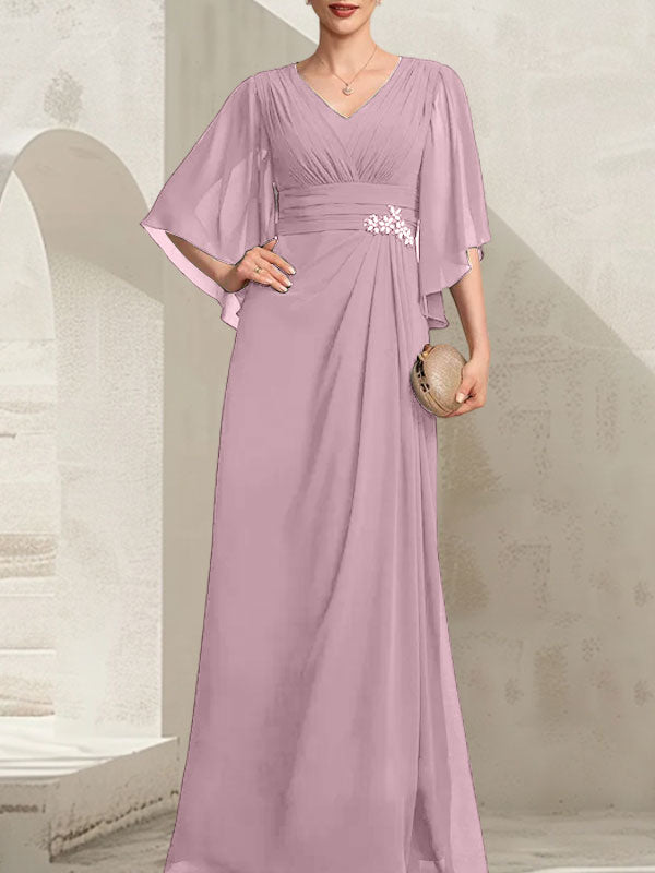 Etui-Linie/Säule V-Ausschnitt Bodenlang Chiffon Kleid für die Brautmutter mit Plissee Pailletten Perlenbesatz
