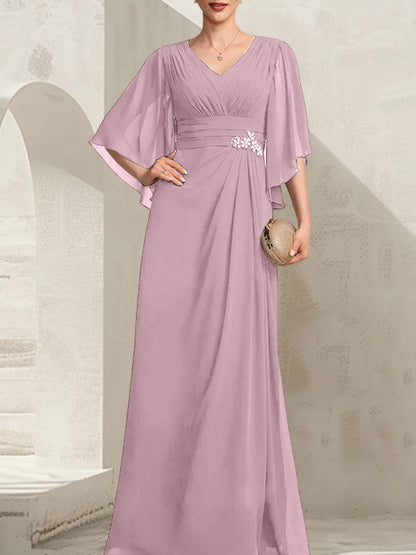 Etui-Linie/Säule V-Ausschnitt Bodenlang Chiffon Kleid für die Brautmutter mit Plissee Pailletten Perlenbesatz