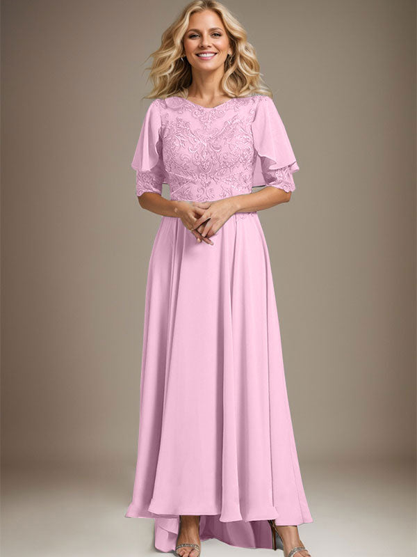 Vestido de madre de la novia de gasa asimétrica con encaje, ilusión, corte A y escote redondo con cuentas