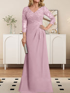 Vestido de madre de la novia de gasa con encaje, escote en V, ilusión, largo hasta el suelo, con lentejuelas plisadas