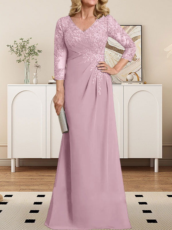 Vestido de madre de la novia de gasa con encaje, escote en V, ilusión, largo hasta el suelo, con lentejuelas plisadas