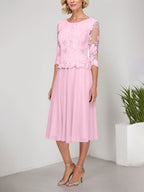 Vestido de gasa con encaje y bordado para madre de la novia, corte A, escote redondo y largo hasta la rodilla