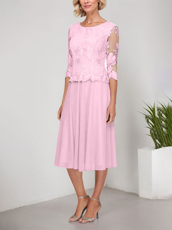 Vestido de gasa con encaje y bordado para madre de la novia, corte A, escote redondo y largo hasta la rodilla