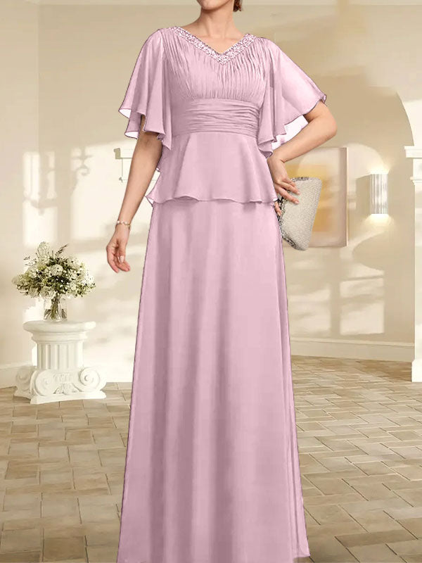A-Linien-Kleid aus Chiffon mit V-Ausschnitt und bodenlangem Schnitt für die Brautmutter mit plissierten Perlen