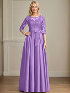 Vestido de madre de la novia de satén con encaje, corte A, escote ilusión, largo hasta el suelo, con lazo de lentejuelas